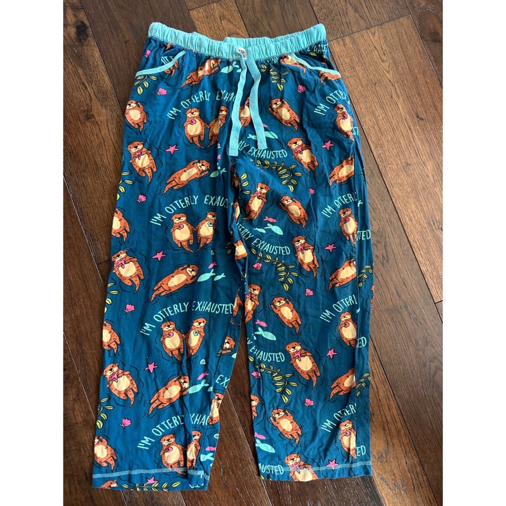 Lazy One Otterly Exhausted Pajama Pants Teal Blue Cotton Otter Print Womens L